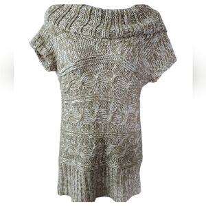 At Last New York Sweater Color Tan White Marbled Shawl Collar Short Sleeve